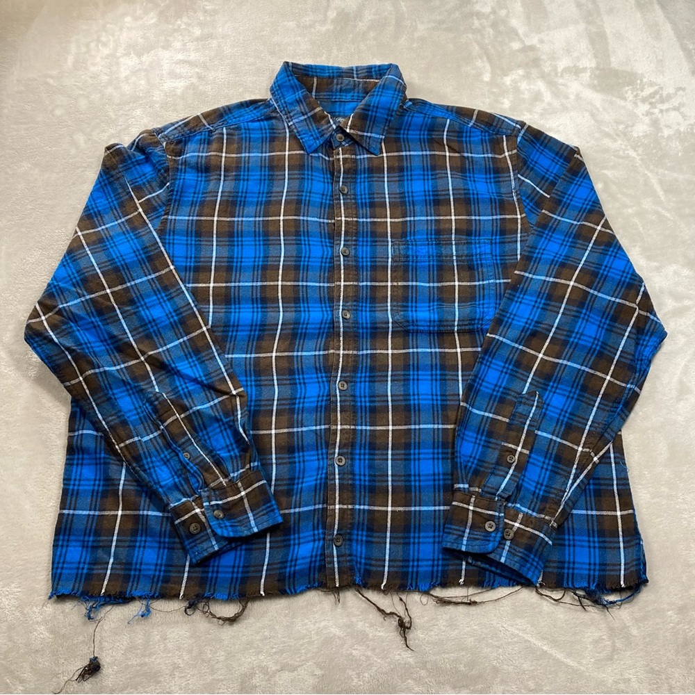 Faded Glory Plaid Blue Brown Cropped Button Up Shirt Men's Sz L